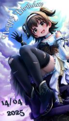 Rule 34 | 1girl, 2025, :d, akagi miria, ankle boots, black boots, black gloves, black thighhighs, blue hairband, boots, bow, brown eyes, brown hair, choker, commentary, dated, detached sleeves, dress, english commentary, full body, gloves, hair bow, hair ribbon, hairband, hand up, happy birthday, highres, idolmaster, idolmaster cinderella girls, looking at viewer, medium hair, mixed-language commentary, open hand, open mouth, ribbon, sitting, smile, solmyr2000, solo, teeth, thighhighs, torn clothes, torn thighhighs, two side up, upper teeth only, white bow, white choker, white dress, white sleeves, yellow ribbon