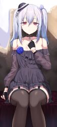 1girl absurdres bare_shoulders black_choker black_dress black_gloves black_thighhighs bow choker dress fingerless_gloves flower_ornament garter_straps gloves grey_hair hat highres long_hair long_sleeves looking_at_viewer mini_hat off-shoulder_dress off_shoulder orchis purple_bow red_eyes shadowverse shingeki_no_bahamut sitting solo thighhighs twintails yamato_(muchuu_paradigm)