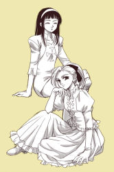 10s 2girls dress guila hair_ornament hair_ribbon hairband jericho_(nanatsu_no_taizai) long_hair monochrome multiple_girls nanatsu_no_taizai pesu ponytail puffy_sleeves ribbon short_hair simple_background sitting skirt yellow_background