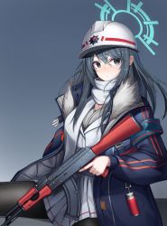 1girl absurdres akm armband assault_rifle black_eyes black_hair black_pantyhose black_shirt blue_archive blue_coat breasts chun_bae cleavage closed_mouth coat fur-trimmed_coat fur_trim gun halo hard_hat helmet highres holding holding_gun holding_weapon jacket kalashnikov_rifle light_blush long_hair long_sleeves medium_breasts minori_(blue_archive) open_clothes open_coat pantyhose rifle scarf shirt sidelocks sitting skirt solo weapon white_jacket white_skirt