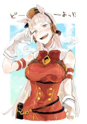 Rule 34 | 1girl, animal ears, blunt bangs, blush, bow, breasts, brown eyes, brown hat, commentary request, dress, gloves, gold ship (umamusume), grey hair, hat, highres, horse ears, horse girl, kiguchiko, large breasts, long hair, looking at viewer, open mouth, pillbox hat, red bow, red dress, sleeveless, sleeveless dress, solo, sweat, teeth, translation request, umamusume, upper teeth only, very long hair, white gloves