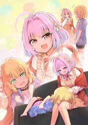 absurdres blonde_hair body_switch commission couch green_eyes headpat highres icarus_(2010741) idolmaster idolmaster_cinderella_girls lap_pillow on_couch open_mouth personality_switch pink_eyes pink_hair pixiv_commission sakurai_momoka yumemi_riamu