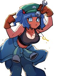 1girl :o black_tank_top blue_eyes blue_hair blue_pants blue_shirt breasts brown_gloves cleavage clothes_around_waist feet_out_of_frame flat_cap gloves green_hat hair_bobbles hair_ornament hat highres holding holding_wrench iganashi1 jewelry kawashiro_nitori key key_necklace large_breasts leaning_forward long_sleeves looking_at_viewer medium_hair navel necklace one-hour_drawing_challenge open_mouth pants shirt shirt_around_waist simple_background solo tank_top touhou two_side_up white_background wrench