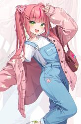 1girl animal_print bag blue_hair blue_overalls blunt_bangs brown_bag buckle buttons commentary dot_nose eyelashes feet_out_of_frame floral_print green_eyes green_hair hair_intakes hair_ornament hairclip hanako_nana hand_on_own_head happy highres ika_(4801055) jacket leg_up light_blush long_hair long_sleeves looking_at_viewer loose_hair_strand multicolored_hair open_clothes open_jacket open_mouth outstretched_arm overalls paint_splatter pink_hair pink_jacket pocket puffy_long_sleeves puffy_sleeves rabbit_hair_ornament rabbit_print shirt shoes short_sleeves shoulder_bag signature sleeves_past_wrists smile sneakers solo stellive streaked_hair sweater_vest symbol-only_commentary t-shirt teeth twintails upper_teeth_only very_long_hair virtual_youtuber white_background white_shirt white_shoes zoom_layer