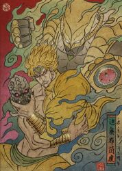 1boy 1other black_nails blonde_hair bracelet chien_chih_kang clenched_hand dio_brando earrings fingernails glowing glowing_eyes green_headband headband heart helmet holding holding_mask jacket jewelry jojo_no_kimyou_na_bouken male_focus mask muscular nail_polish red_eyes scar scar_on_neck sharp_fingernails smoke stand_(jojo) stardust_crusaders stone_mask_(jojo) tube yellow_helmet yellow_jacket