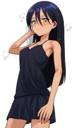 1girl after_bathing bare_arms black_hair black_shirt black_shorts blush breasts closed_mouth collarbone cowboy_shot dark-skinned_female dark_skin gundam gundam_gquuuuuux highres holding holding_towel kwrrrrrr long_hair nyaan_(gundam_gquuuuuux) shirt short_shorts shorts simple_background sleeveless sleeveless_shirt small_breasts smile solo spaghetti_strap standing straight_hair towel wet wet_hair white_background yellow_eyes
