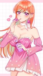 1girl applying_makeup applying_own_makeup bare_shoulders bottle breasts cleavage collarbone cowboy_shot dress earrings feather_earrings feathers gradient_hair highres holding holding_bottle hololive hololive_english jewelry jmfz5558 long_hair looking_at_viewer medium_breasts multicolored_hair non-web_source off-shoulder_dress off_shoulder official_alternate_costume orange_hair perfume_(takanashi_kiara) perfume_bottle pink_dress purple_eyes solo takanashi_kiara takanashi_kiara_(perfume) very_long_hair virtual_youtuber