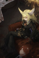 Rule 34 | 1boy, 1girl, 1other, absurdres, alcohol, animal ears, arknights, black jacket, black skirt, black vest, blackc oat, blonde hair, blood, blood on face, cigarette, coat, coat on shoulders, crossed legs, cup, fox ears, fox girl, hair between eyes, highres, holding, holding cup, jacket, kuni ( kunidesu), long hair, necktie, orange eyes, red necktie, shirt, sidelocks, sitting, skirt, smoking, vest, vulpisfoglia (arknights), white shirt, wine