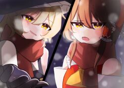 2girls ascot bagu black_gloves black_vest blonde_hair blush bow breath brown_hair cold commentary detached_sleeves frilled_bow frilled_hair_tubes frills gloves hair_bow hair_tubes hakurei_reimu highres kirisame_marisa long_hair multiple_girls open_mouth red_bow red_scarf scarf smile touhou trembling vest yellow_ascot yellow_eyes