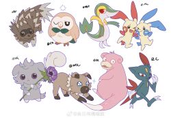 &gt;_o bright_pupils claws closed_mouth espurr flower full_body gen_1_pokemon gen_2_pokemon gen_3_pokemon gen_5_pokemon gen_6_pokemon gen_7_pokemon highres holding holding_flower minun nintendo no_humans one_eye_closed open_mouth plusle pokemon pokemon_(creature) rockruff rowlet shenhai_shenye simple_background slowpoke sneasel snivy sparkle wavy_mouth white_background white_pupils zigzagoon