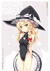 1girl arms_behind_back artist_name bare_shoulders blonde_hair blush bow braid casual_one-piece_swimsuit character_name copyright_name covered_navel cowboy_shot female_focus grey_background hair_bow hat hat_bow highleg highleg_one-piece_swimsuit highres innertube kirisame_marisa long_hair looking_at_viewer one-piece_swimsuit side_braid simple_background single_braid solo swim_ring swimsuit tel-o touhou white_background witch_hat yellow_eyes yin_yang