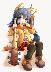 Rule 34 | 1girl, ahoge, animal ears, balulu alma, baseball bat, black hair, black thighhighs, blue eyes, boots, brown boots, candy, emil chronicle online, flat chest, food, hair ribbon, highres, holding, holding candy, holding food, kareya, nail (hardware), nail bat, plaid clothes, plaid skirt, red skirt, ribbon, shirt, side ponytail, sitting, skirt, thighhighs, white background, yellow shirt