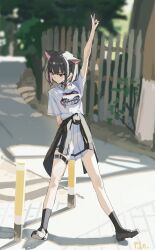 1girl absurdres animal_ears arm_up belt black_cardigan black_hair black_mask black_socks blue_archive cardigan cardigan_around_waist cat_ears clothes_around_waist collar commentary_request extra_ears full_body highres kazusa_(band)_(blue_archive) kazusa_(blue_archive) logo_print long_hair looking_to_the_side mask mask_pull mouth_mask multicolored_hair official_alternate_costume outdoors p1n pink_hair pleated_skirt print_shirt shirt short_hair short_sleeves skirt socks solo spiked_collar spikes t-shirt thigh_belt thigh_strap two-tone_hair very_long_hair white_shirt white_skirt