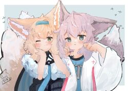 2girls absurdres animal_ear_fluff animal_ears arknights blonde_hair blue_eyes blue_hairband blue_shirt blush closed_mouth coat dress fox_ears fox_girl fox_tail green_eyes hair_between_eyes hairband hands_up highres infection_monitor_(arknights) jacket kitsune kyuubi looking_at_viewer material_growth mokoo_rokoo multiple_girls multiple_tails one_eye_closed open_clothes oripathy_lesion_(arknights) pink_hair shirt signature smile sussurro_(arknights) suzuran_(arknights) tail upper_body white_coat white_jacket
