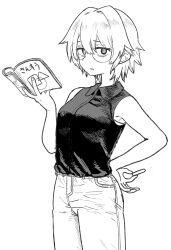 1girl black_skirt book chalk cowboy_shot ero_kingdom_ceo geometry glasses hand_on_own_hip highres holding holding_book holding_chalk looking_afar math monochrome original pants parted_lips round_eyewear shirt short_hair simple_background skirt sleeveless sleeveless_shirt solo white_background