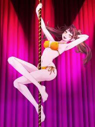 1girl arm_support arms_up artist_request ass bare_arms bare_legs bare_shoulders bikini blush breasts brown_eyes brown_hair cleavage curvy dancing empty_eyes gradient_background hand_in_own_hair heart highres indoors kujikawa_rise legs_together lips long_hair looking_at_viewer matching_hair/eyes medium_breasts naughty_face navel open_mouth persona persona_4 pink_background pole pole_dancing shadow_rise shiny_skin side-tie_bikini_bottom smile solo swimsuit symbol-shaped_pupils thong thong_bikini twintails wide_hips yellow_bikini
