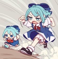 1girl absurdres ahoge aqua_shoes black_shoes bloomers blue_bow blue_dress blue_eyes blue_hair blush_stickers bow cirno clenched_hands dress fang fumo_(doll) hair_bow highres ice ice_wings jitome kame_(kamepan44231) light_blue_hair mary_janes neck_ribbon open_mouth red_ribbon ribbon running shirt shoes short_hair socks sweat touhou underwear white_bloomers white_shirt white_socks wings
