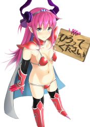1girl arm_up armor armored_boots bad_feet bad_id bad_pixiv_id bikini bikini_armor black_thighhighs blue_eyes blush boots breasts cape choker curled_horns elizabeth_bathory_(brave)_(fate) elizabeth_bathory_(fate) fate/grand_order fate_(series) female_focus for_adoption hair_ribbon holding holding_sign horns knee_boots long_hair loose_bikini mugipot navel pauldrons pink_hair pointy_ears red_bikini red_footwear ribbon shoes shoulder_armor sign simple_background small_breasts solo spiked_shoes spikes standing string_bikini swimsuit thighhighs tiara translated two_side_up vambraces white_background white_cape