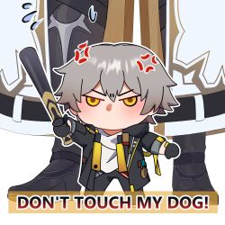 2boys absurdres anger_vein angry baseball_bat black_boots black_coat black_gloves black_pants blush boots brown_jacket caelus_(honkai:_star_rail) chibi coat commentary english_commentary english_text flying_sweatdrops full_body gloves grey_hair hair_between_eyes hand_up highres holding holding_baseball_bat honkai:_star_rail honkai_(series) jacket klasnyxie long_sleeves looking_at_viewer male_focus multiple_boys no_mouth open_clothes open_coat pants phainon_(honkai:_star_rail) pocket_watch shirt short_hair solo_focus standing sun_symbol t-shirt trailblazer_(honkai:_star_rail) two-sided_fabric two-sided_jacket v-shaped_eyebrows watch white_jacket white_shirt yellow_eyes
