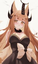 absurdres animal_ears black_dress blunt_bangs breasts brown_eyes brown_hair closed_mouth commission dress highres horns kana_yukino long_hair looking_at_viewer medium_breasts original thick_eyebrows