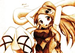 Rule 34 | 1girl, absurdres, armpits, arms behind head, blush, breasts, cross-laced footwear, elbow gloves, elysia de lute ima, female focus, gloves, hair ornament, highres, icchigood, kami nomi zo shiru sekai, long hair, looking at viewer, mixed media, monochrome, open mouth, ponytail, shawl, signature, skull hair ornament, solo, thighhighs, traditional media, very long hair, white background, white thighhighs