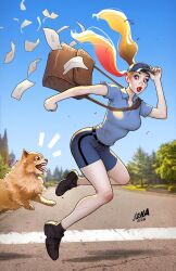 1girl alternate_costume batman_(series) black_shoes blonde_hair blue_hat blue_shirt blue_shorts blue_sky brown_bag clenched_hand collared_shirt colored_skin david_nakayama day dc_comics dog harley_quinn hat highres initial letter long_hair mailman multicolored_hair outdoors red_hair red_lips shirt shoes short_shorts short_sleeves shorts sky tree twintails white_skin