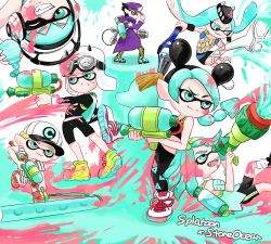 3girls 4boys adjusting_clothes adjusting_headwear aqua_hair baseball_cap bike_shorts black_hair blonde_hair boots emporio_alnino ermes_costello fangs fishnets foo_fighters_(jojo) goggles goggles_on_head green_hair grin hat ink_tank_(splatoon) inkbrush_(splatoon) jojo_no_kimyou_na_bouken kuujou_jolyne kuujou_joutarou long_coat mike_(tomatomato244) multicolored_hair multiple_boys multiple_girls narciso_anasui nintendo one_eye_closed paint_roller paint_splatter parody simple_background smile splat_roller_(splatoon) splatoon_(series) splatoon_1 splattershot_(splatoon) stone_ocean super_soaker tentacle_hair two-tone_hair weather_report white_hair