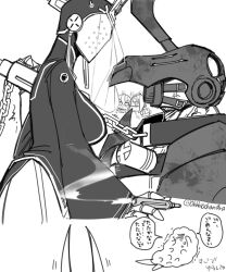 2boys 2girls absurdres android anger_vein angry black_dress chain chain_leash chibi cigar cloak covered_face dress ender_lilies_quietus_of_the_knights ender_magnolia_bloom_in_the_mist gas_mask highres holding holding_cigar holding_leash hood horns leash lilac_(ender_magnolia) lito_(ender_magnolia) looking_at_another mask monochrome mouth_mask multiple_boys multiple_girls nola_(ender_magnolia) ohhiochandra robot shackled_beast_(ender_magnolia) steampunk veil veil_over_eyes