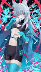 1girl :p animal_ear_fluff animal_ears aqua_eyes aqua_nails aqua_thighhighs artist_name bike_shorts blue_tongue blush bone breasts cleavage_cutout clothing_cutout colored_tongue commentary_request cowboy_shot detached_sleeves fingernails grey_hair highres ironatsuki long_fingernails long_hair long_sleeves looking_at_viewer nail_polish navel original see-through_clothes sleeves_past_wrists small_breasts smile solo thighhighs tongue tongue_out traditional_youkai twitter_username very_long_hair wide_sleeves