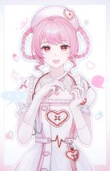 &gt;_&lt; 1girl blue_border border braid braided_hair_rings buttons cardiogram cardiogram_print collar cowboy_shot cross cross_print detached_collar dianyinddc dot_nose dress eyelashes fangs frilled_collar frilled_sleeves frills ghost gloves gradient_border hair_rings happy hat hat_ornament heart heart_collar heart_hat_ornament heart_print highres holding holding_syringe infinity_nikki looking_at_viewer nikki_(nikki) nikki_(series) nurse nurse_cap open_mouth outline outside_border pill pink_border pink_eyes pink_hair puffy_short_sleeves puffy_sleeves red_cross short_hair short_sleeves sidelocks smile solo sparkle speech_bubble square_neckline standing sweet_diagnosis_(infinity_nikki) swept_bangs syringe teeth upper_teeth_only wavy_hair white_background white_border white_collar white_dress white_gloves white_hat white_outline
