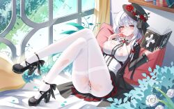 1girl absurdres black_hat black_shoes blush book breasts censored chinese_commentary closed_mouth commentary_request crossed_legs day fingernails flower full_body hands_up hat hat_flower high_heels highres holding holding_book indoors jndfh large_breasts looking_at_viewer mosaic_censoring nail_polish nipples original pantyhose pussy red_eyes see-through_clothes shoes sitting solo torn_clothes torn_pantyhose wet wet_clothes white_flower