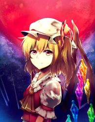 1girl ascot bad_id bad_pixiv_id blonde_hair commentary expressionless female_focus flandre_scarlet full_moon hat hat_ribbon looking_at_viewer meilynn-hayakan meteor mob_cap moon night outdoors puffy_short_sleeves puffy_sleeves red_eyes red_moon red_vest ribbon short_hair short_sleeves side_ponytail sky solo star_(sky) starry_sky touhou upper_body vest wings
