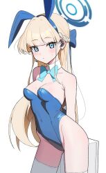 1girl animal_ears aqua_bow aqua_bowtie blonde_hair blue_archive blue_eyes blue_hairband blue_halo blue_leotard blush bow bowtie breasts briefcase closed_mouth detached_collar earpiece fake_animal_ears fuyukey hairband halo highleg highleg_leotard highres holding holding_briefcase leotard long_hair looking_at_viewer official_alternate_costume playboy_bunny rabbit_ears solo strapless strapless_leotard thighhighs toki_(blue_archive) toki_(bunny)_(blue_archive) white_thighhighs