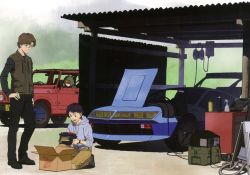 1girl 2boys aida_kensuke beard black_hair blue_eyes box brown_hair car car_battery cardboard_box evangelion:_3.0+1.0_thrice_upon_a_time eyepatch facial_hair glasses green_jacket grin hand_on_own_hip handheld_game_console hood hood_up hooded_jacket jacket kneeling military_jeep motor_vehicle multiple_boys neon_genesis_evangelion official_art open_mouth rebuild_of_evangelion ryoji_kaedo smile souryuu_asuka_langley standing studio_khara sweater toolbox vehicle_focus watch wheel