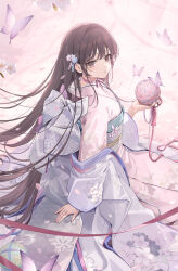Rule 34 | 1girl, 6u (eternal land), ball, black hair, bug, butterfly, floral print, floral print kimono, grey eyes, hair ornament, hair spread out, highres, holding, holding ball, insect, japanese clothes, kimono, layered kimono, long hair, looking at viewer, looking back, obi, obiage, obijime, original, pink kimono, print kimono, purple kimono, sash, solo, very long hair