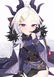 Rule 34 | 1girl, absurdres, ahoge, armband, black coat, black gloves, blue archive, coat, coat on shoulders, demon girl, demon horns, demon wings, gloves, highres, hina (blue archive), horns, long hair, looking at viewer, mimizuku (mmiganaru), purple eyes, red armband, sitting, skirt, solo, very long hair, white hair, wings