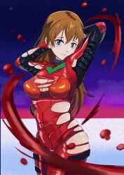Rule 34 | 1girl, arm up, artist request, blue eyes, bodysuit, breasts, brown hair, closed mouth, cloud, curvy, evangelion: 3.0+1.0 thrice upon a time, floating hair, hair down, hand in own hair, highres, looking at viewer, mecha pilot suit, medium breasts, motion blur, neon genesis evangelion, night, night sky, outdoors, parted lips, plugsuit (evangelion), rebuild of evangelion, red bodysuit, shiny clothes, shiny skin, skin tight, sky, smile, solo, souryuu asuka langley, standing, torn bodysuit, torn clothes, wide hips