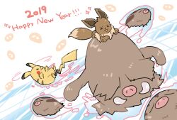 Rule 34 | &gt; &lt;, 2019, :3, closed eyes, closed mouth, commentary request, dot nose, eevee, english text, gen 1 pokemon, gen 2 pokemon, hair over eyes, happy new year, ice, new year, nintendo, no humans, nostrils, open mouth, otsumami (bu-bu-heaven), pikachu, piloswine, pokemon, pokemon (creature), pokemon focus, sliding, smile, swinub, tusks