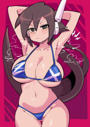 1girl absurdres aile_(mega_man_zx) armpits arms_behind_head arms_up bikini black_eyes blue_bikini blush breasts brown_hair buzzlyears cowboy_shot highres large_breasts long_hair mega_man_(series) mega_man_zx mega_man_zx_advent pink_background ponytail ringed_eyes robot_ears simple_background solo swimsuit tears