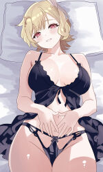 Rule 34 | 1girl, absurdres, black panties, blonde hair, breasts, citrinne (fire emblem), commentary request, feather hair ornament, feathers, fire emblem, fire emblem engage, groin, hair ornament, highres, large breasts, lingerie, looking at viewer, loose hair strand, lying, medium hair, n 54, navel, nintendo, on back, panties, parted bangs, pillow, red eyes, red pupils, smile, solo, underwear