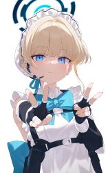 1girl absurdres apron black_dress blonde_hair blue_archive blue_bow blue_eyes bow closed_mouth double_v dress earpiece hair_bun highres kuchisode looking_at_viewer microphone solo toki_(blue_archive) upper_body v white_apron