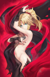 1girl absurdres bare_shoulders black_nails black_thighhighs blonde_hair breasts closed_mouth commentary_request covering_breasts covering_privates fate/apocrypha fate_(series) green_eyes high_ponytail highres looking_at_viewer mordred_(fate) navel ponytail see-through_clothes short_hair single_thighhigh small_breasts solo stomach thighhighs thighs tonee