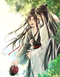 2boys :d ahoge black_hair black_hanfu blurry blurry_foreground chinese_clothes closed_eyes closed_mouth day falling_leaves floating_hair hair_ribbon hanfu happy headband high_ponytail highres holding holding_jar hug jar lan_wangji laughing leaf long_hair long_sleeves looking_at_another male_focus modao_zushi multiple_boys open_mouth outdoors ponytail profile red_ribbon ribbon robe sash sidelocks smile standing sunlight topknot tree twitter_username upper_body very_long_hair w2biiro watermark wei_wuxian white_hanfu white_headband wide_sleeves xiao_guan_(headdress) yaoi