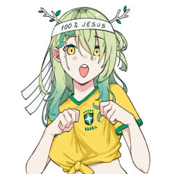 1girl 2022_fifa_world_cup :o absurdres asymmetrical_bangs braid breasts ceres_fauna clothes_writing commentary_request english_text eyebrows_hidden_by_hair gradient_hair green_hair green_shirt green_trim hair_over_one_eye hair_rings half_crown_braid hands_up headband highres hololive hololive_english horns karassawa leaf leaning_to_the_side light_blush long_eyelashes long_hair looking_at_viewer medium_breasts midriff mole mole_under_eye multicolored_hair open_mouth parted_bangs print_headband print_headwear print_shirt qilin_(mythology) raised_eyebrows raised_inner_eyebrows shirt shirt_hold short_sleeves simple_background single_braid single_hair_ring single_sidelock solo streaked_hair striped_blush t-shirt teeth tented_shirt thick_eyelashes tied_shirt tree_horns two-tone_shirt upper_body upper_teeth_only wavy_hair white_background white_headband wide-eyed world_cup yellow_eyes yellow_shirt