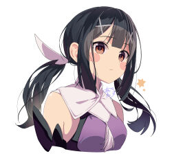 1girl absurdres akaneko016 bare_shoulders black_hair blush breasts brown_eyes closed_mouth fate/kaleid_liner_prisma_illya fate_(series) feather_hair_ornament feathers hair_between_eyes hair_ornament hairclip highres leotard long_hair looking_at_viewer magical_girl miyu_edelfelt purple_leotard simple_background small_breasts solo upper_body white_background x_hair_ornament
