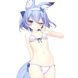 1girl 3d absurdres animal_ear_fluff animal_ears armadillon bare_shoulders bell bikini blue_hair blush breasts collar contrapposto cowboy_shot female_focus finger_to_mouth fox_ears fox_girl fox_tail groin hair_ribbon hairband highres legs_together looking_at_viewer micro_bikini navel neck_bell one_eye_closed original ribbon side-tie_bikini_bottom small_breasts smile solo standing swimsuit tail underboob vrchat white_bikini yellow_eyes yuuko-zoku_no_onee-chan