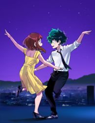 10s 1boy 1girl :d belt black_neckwear black_pants blush_stickers boku_no_hero_academia brown_hair commentary_request couple dancing dress dress_shirt eye_contact floral_print freckles green_hair hetero jinno_(megacake) la_la_land looking_at_another loose_necktie messy_hair midoriya_izuku necktie night night_sky open_mouth pants shirt short_hair sidelocks sky smile uraraka_ochako white_shirt yellow_dress