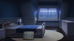blanket blue_theme chest_of_drawers cityscape dark desk_lamp dim_lighting highres indoors lamp moonlight night no_humans non-web_source official_art our_life:_beginnings_and_always pillow rug scenery striped_wall towel window_blinds windowsill wooden_floor