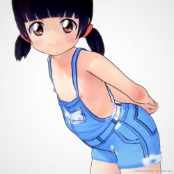 1girl 3d animated arms_behind_back bad_tag black_hair blue_overalls blunt_bangs blush breasts brown_eyes denim female flat_chest koikatsu koikatsu! koikatsu_(medium) leaning_forward loli looking_at_viewer marojiro_edo naked_overalls nipple_slip nipples original overall_shorts overalls self-upload short_hair short_twintails shorts small_breasts smile solo standing tagme twintails video