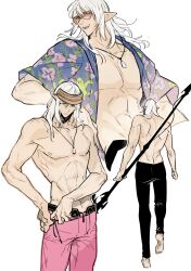 Rule 34 | 1boy, abs, bare pectorals, barefoot, belt, black belt, black pants, casual, closed mouth, collarbone, commentary request, estinien varlineau, final fantasy, final fantasy xiv, hawaiian shirt, highres, holding, holding polearm, holding weapon, jewelry, long hair, long pointy ears, looking down, lower teeth only, male focus, multiple views, necklace, nipples, open clothes, open mouth, open shirt, orange-tinted eyewear, pants, pectorals, pink pants, pointy ears, polearm, poooto10, shirt, simple background, sunglasses, teeth, tinted eyewear, topless male, weapon, white background, white hair